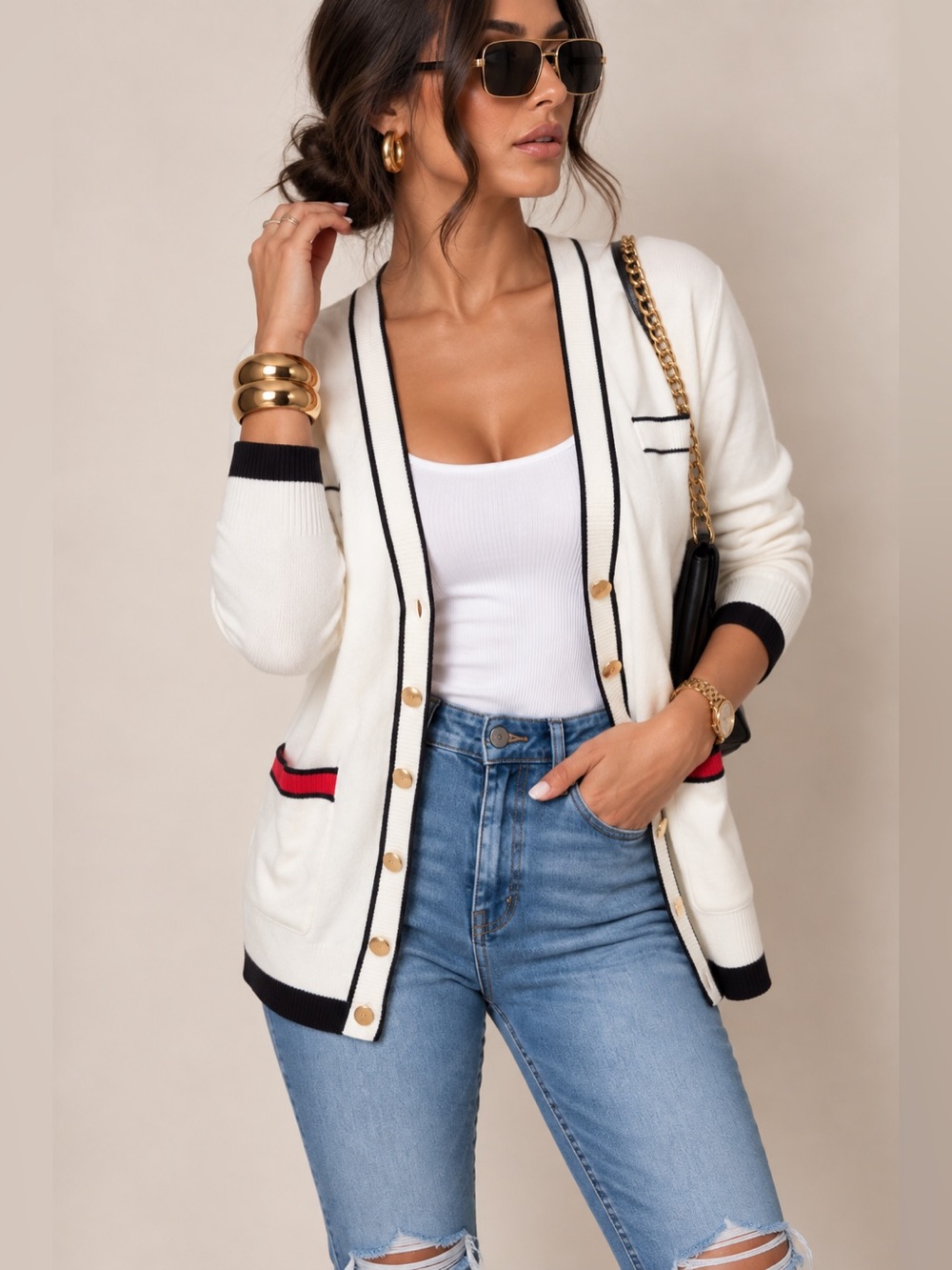 Blue Blush Cream Button-Down Cardigan with Black & Red Trim